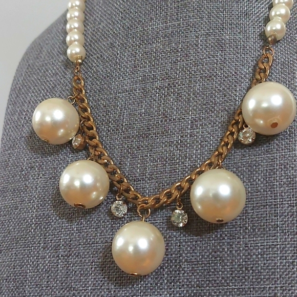 Unique Faux Pearl Chunky Necklace Gold Curb Chain Crstals 17-19" - Picture 2 of 5